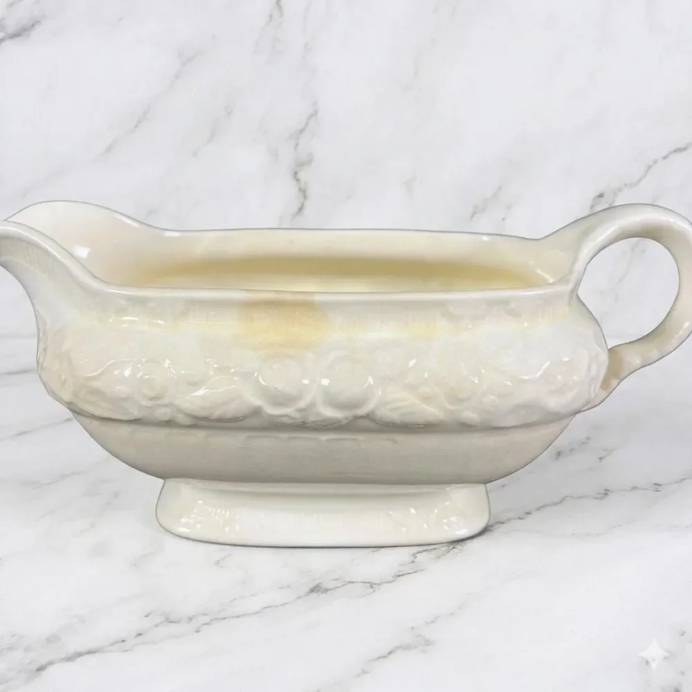 Vintage Homer Laughlin Cream Gravy Boat Floral Embossed Footed H40 N 8